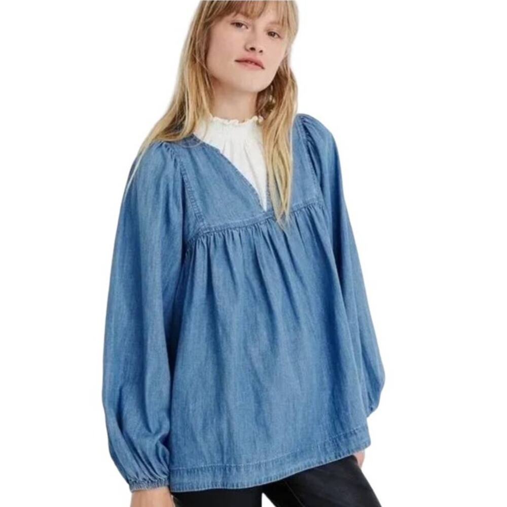 MADEWELL Denim Blue Jean Boho Peasant Top Bohemian Babydoll Blouse ~ Size SMALL